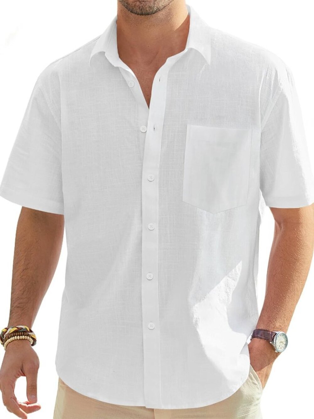Men's Linen Short Sleeve Shirts Cotton Casual Lightweight Button Down Shirt Beac